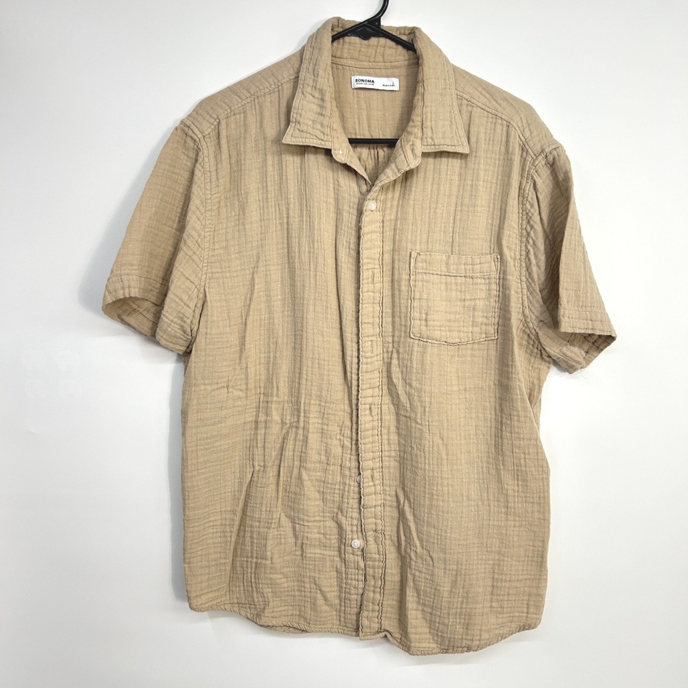 Cotton Gauze Short Sleeve Button Front Camp Shirt Men's L Tan Resort Beach